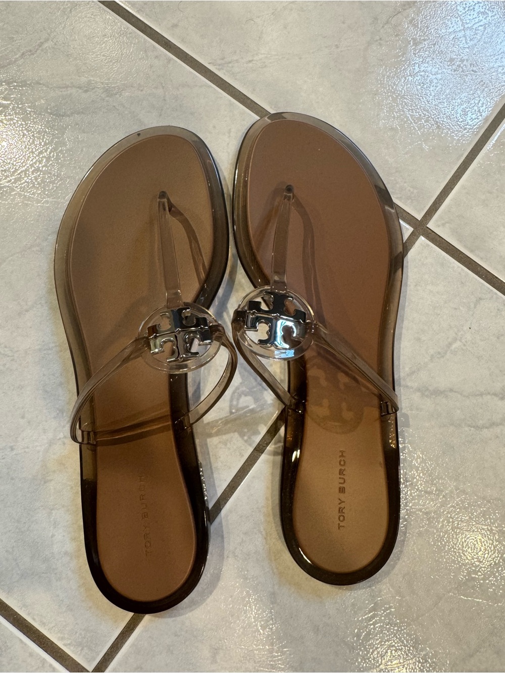 Tory Burch Brown Translucent Logo Jelly Sandals with Silver Emblem